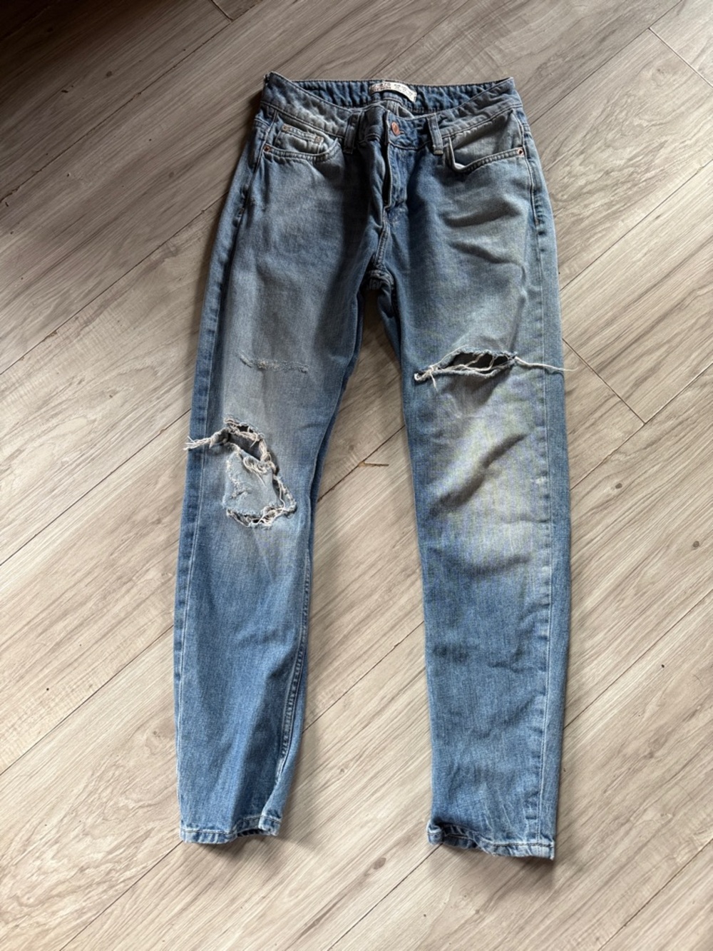 Zara Light Blue Straight Leg Distressed Jeans